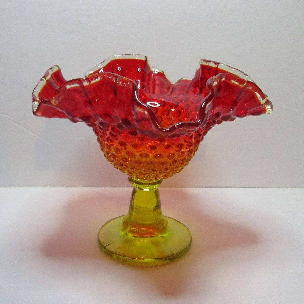 vintage hobnail Amberina ruffled candy dish compote pedestal bowl yellow glows